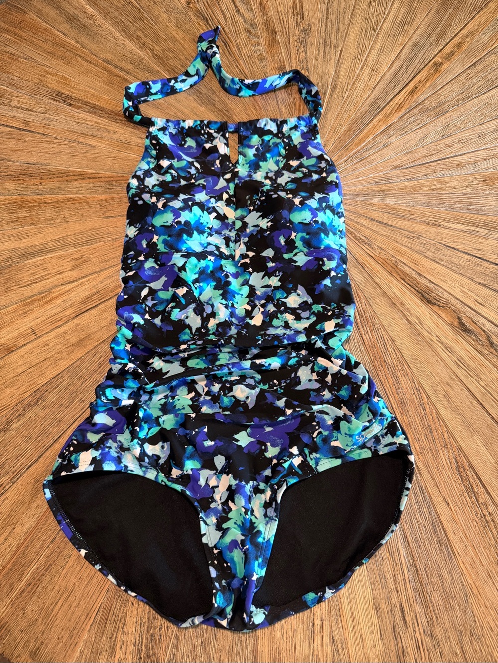 Speedo High Neck Halter One Piece Swimsuit Ruched Floral Keyhole Medium blue